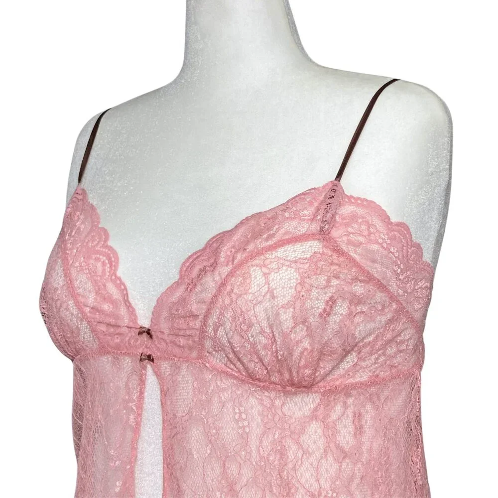 Vintage Y2K Victoria’s Secret Sheer Pink Lace Split Babydoll Cami Coquette M/L - Picture 8 of 9